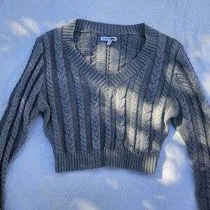 Fashion Nova Gray V-Neck Cable Sweater